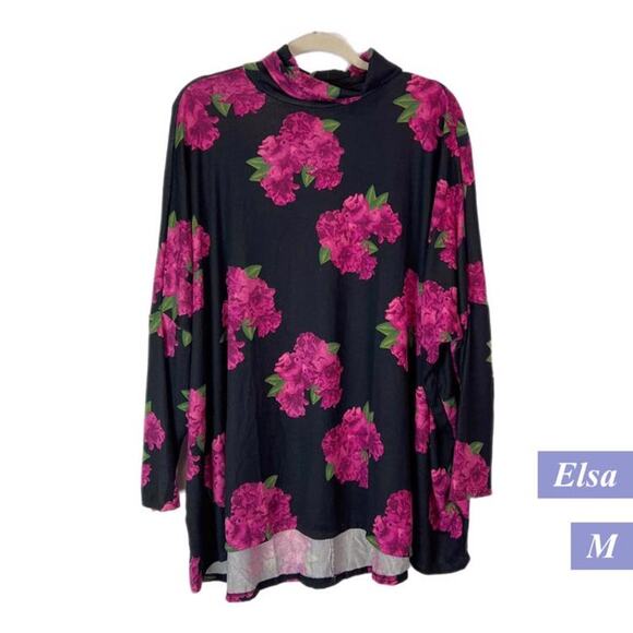LuLaRoe Elsa Top NWT Women’s Medium Black Pink Floral Tunic - Picture 1 of 3